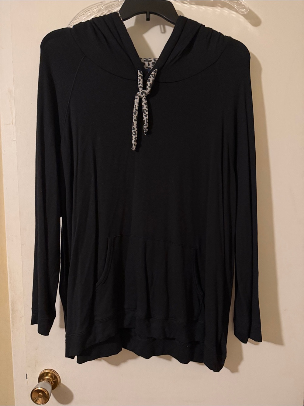 Relaxed Black Hooded Pull-On Top with Contrast Drawcord